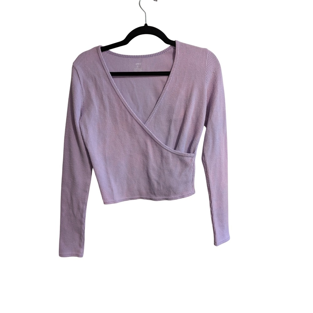 Aerie Wrap Top Womens S‎ Purple Waffle Knit Long Sleeve Cropped Surplice V-Neck
